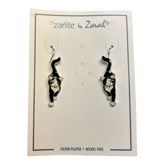 Zarah Socks the Tuxedo Cat Dangle Earrings Sterling Silver Plated Enamel - Picture 1 of 3